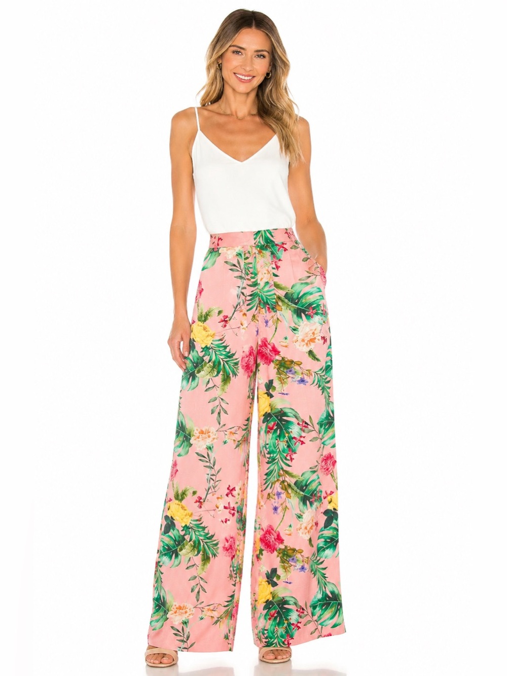 L’AGENCE Gavin Wide Leg Silk Pant in Pink Blush Tropical Floral NWOT